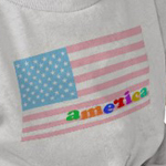 Infant T-shirt with American Flag and multi-colored letters saying America